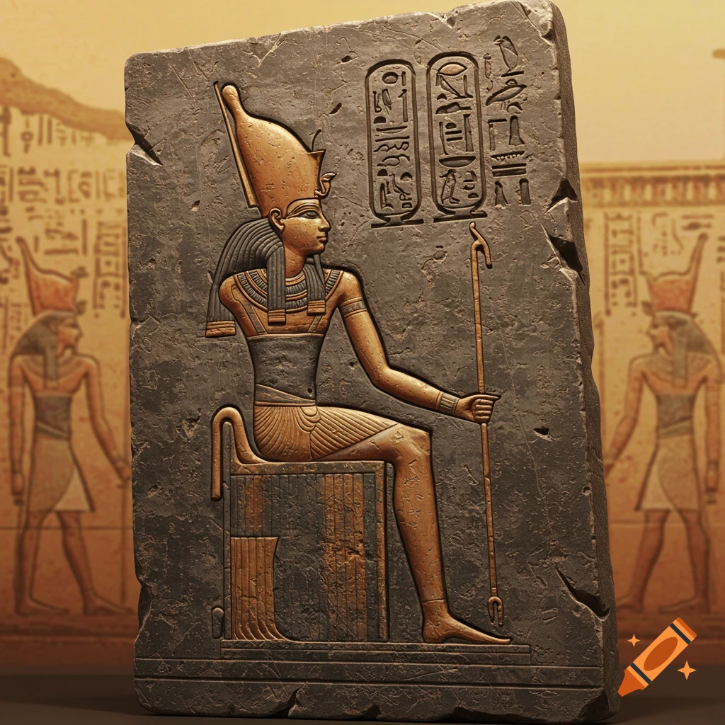 An ancient Egyptian stone tablet featuring a seated king in profile with hieroglyphs.