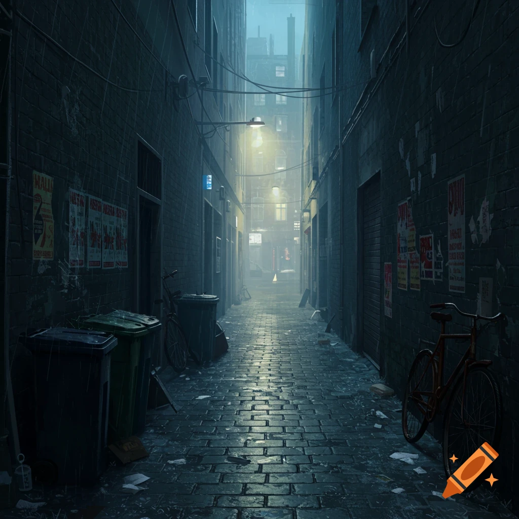 A dark, rainy alleyway between brick buildings with posters, trash cans, and bicycles.