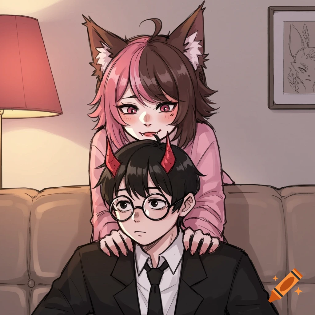 An anime-style illustration of a girl with furry ears leaning over a boy with short horns on a couch.
