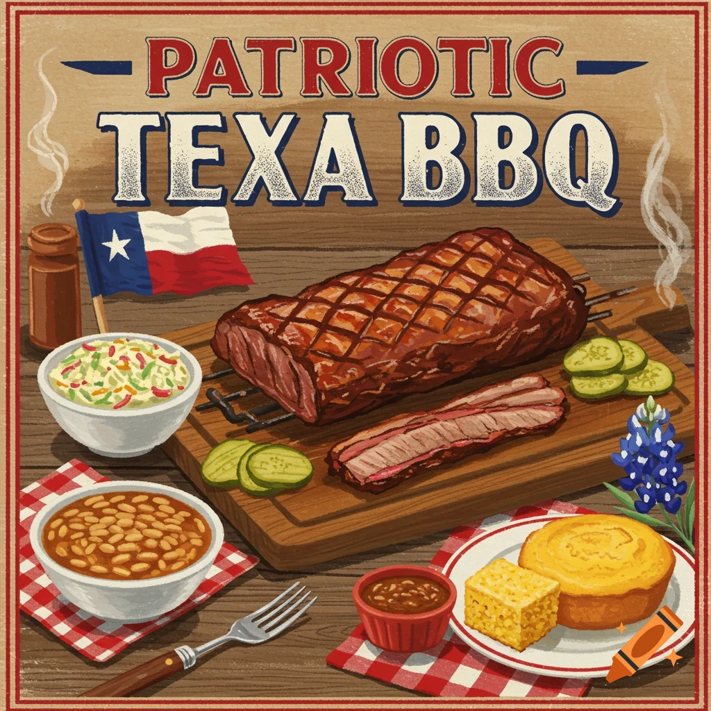 A Patriotic Texas BBQ feast with brisket, sides, a Texas flag, and title text.