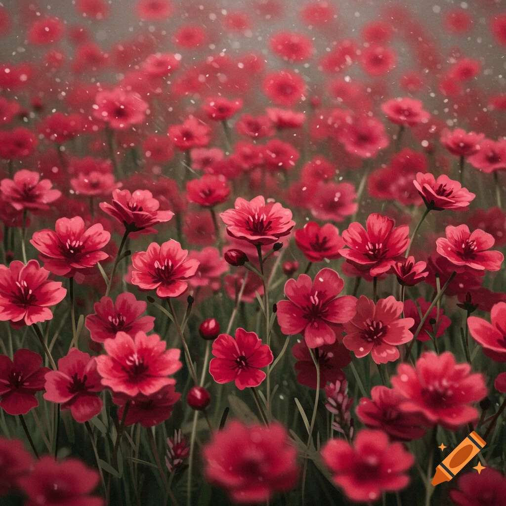 A field of small red flowers with white speckles