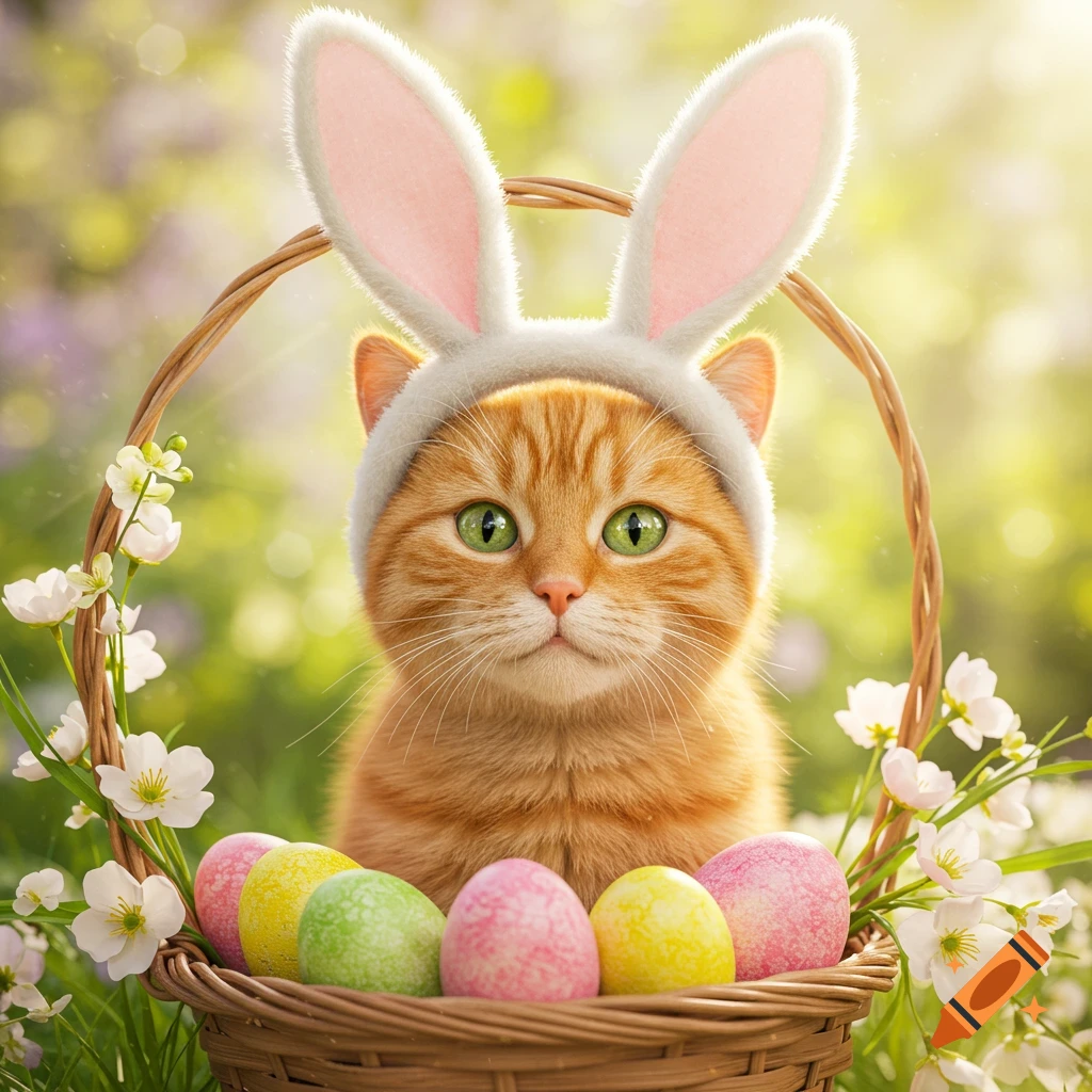 A cat wearing bunny ears sits in an Easter basket with colorful eggs.