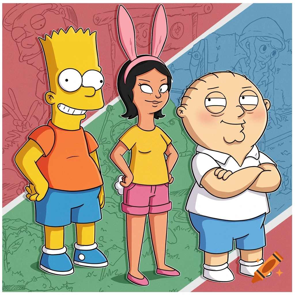 Illustration of Bart Simpson, Louise Belcher, and Stewie Griffin standing together with a colorful background.