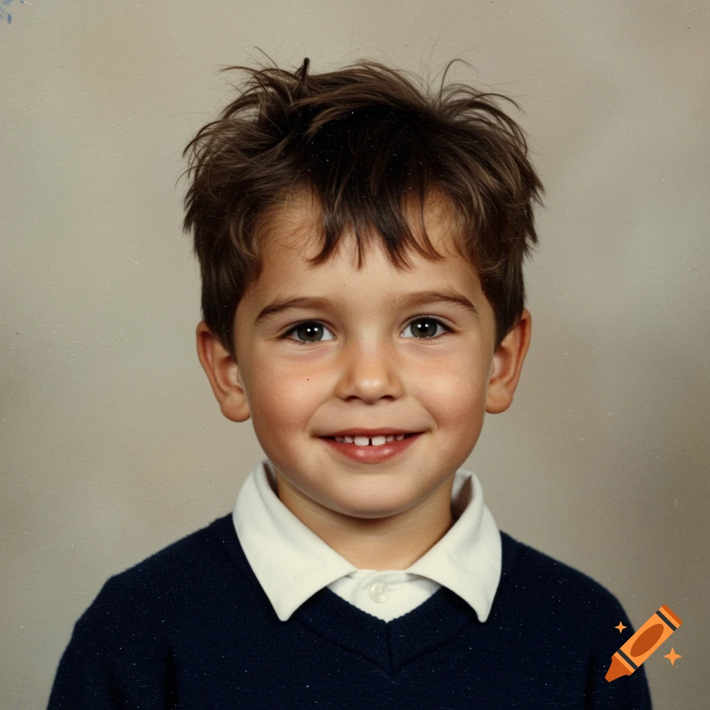 A charming 4-year-old boy with tousled brown hair and bright eyes smiles in a navy blue sweater vest and white shirt, styled as a 90s school yearbook photo.