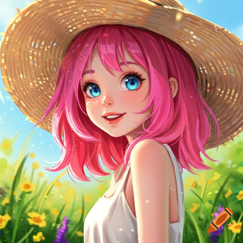 A pink-haired girl in a straw hat is standing in a field of flowers.