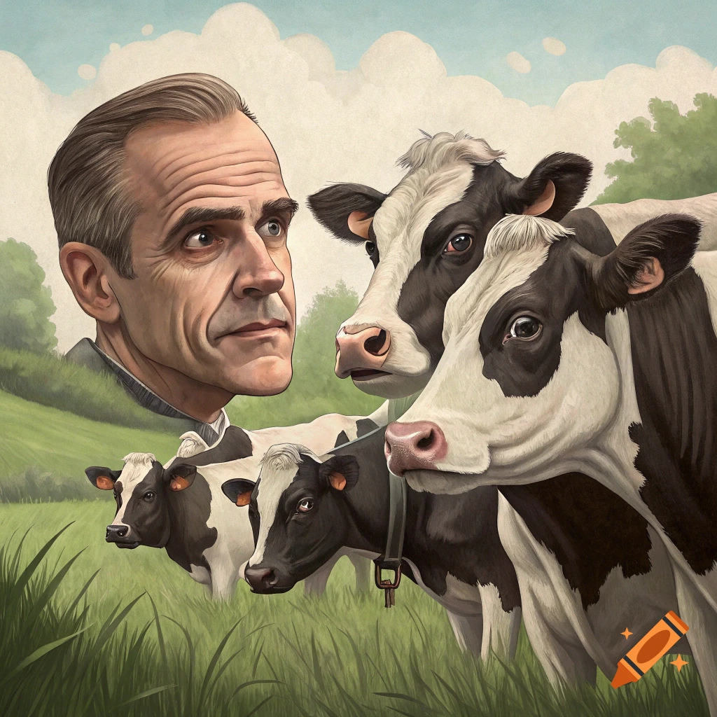 A large head of Mark Carney floats in a field looking at several cows with human-like faces.