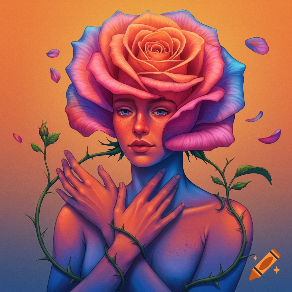 A person with a large pink and orange rose for a head, wrapped in thorny vines, surreal style.