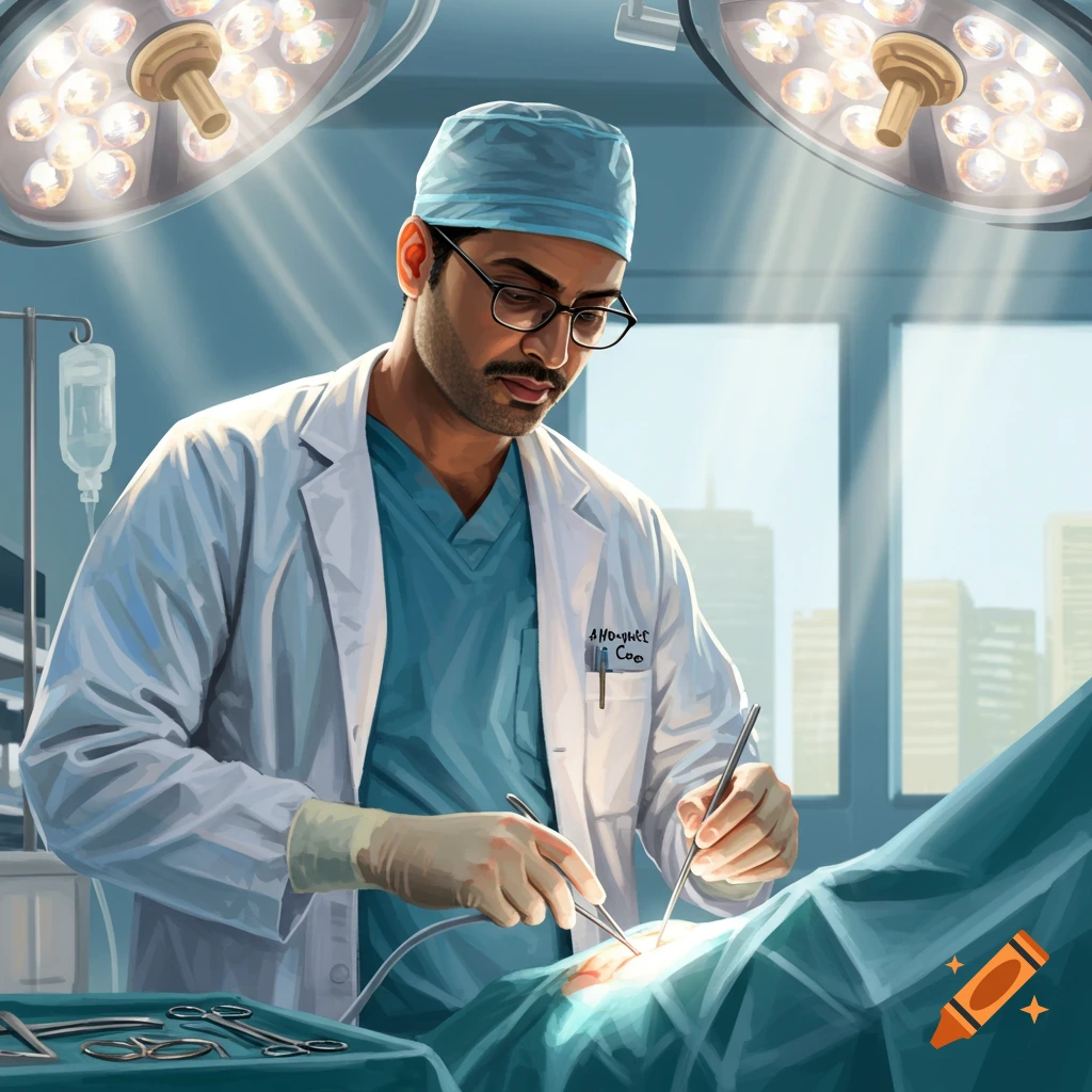 A surgeon performing surgery in an operating room.