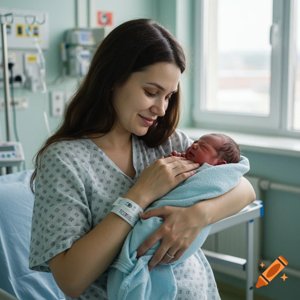 Woman in hospital gown holding a newborn baby wrapped in a blue blanket.