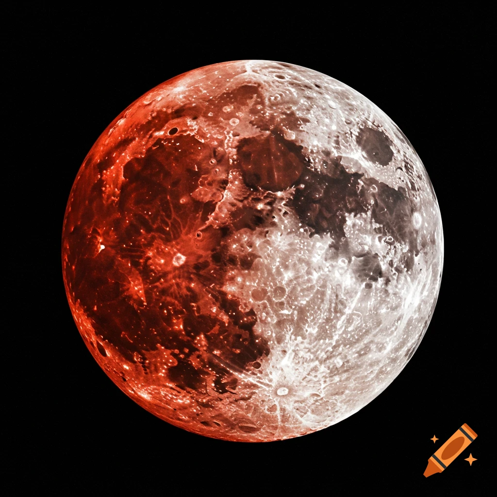 A full moon, half red and half normal, against a black sky.