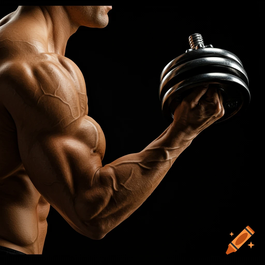 Close-up of a muscular arm curling a dumbbell