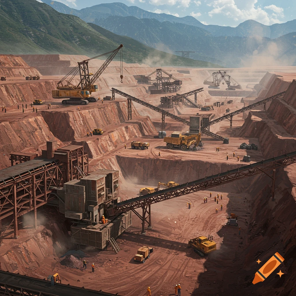 Large open-pit mining operation with heavy machinery and workers.