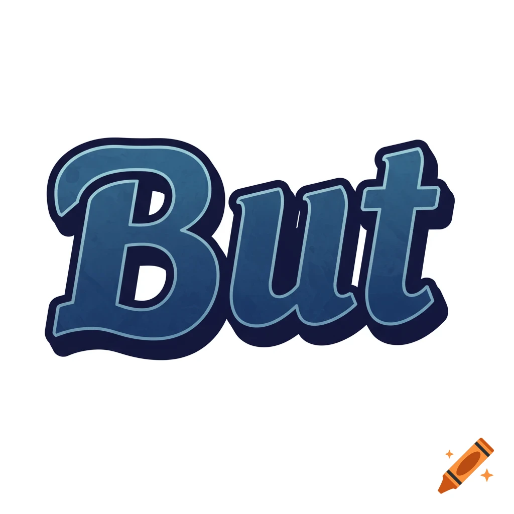 Stylized blue text spelling out 'But' with a darker outline.