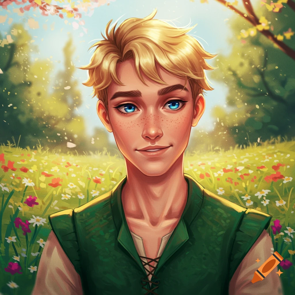 Portrait of a young man with blonde hair, blue eyes, and freckles, in a green tunic, in a sunny wildflower meadow.