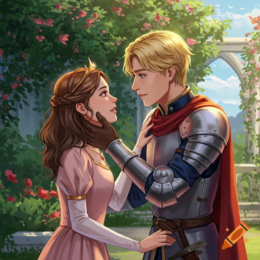 A knight holds the face of a princess in a rose garden.