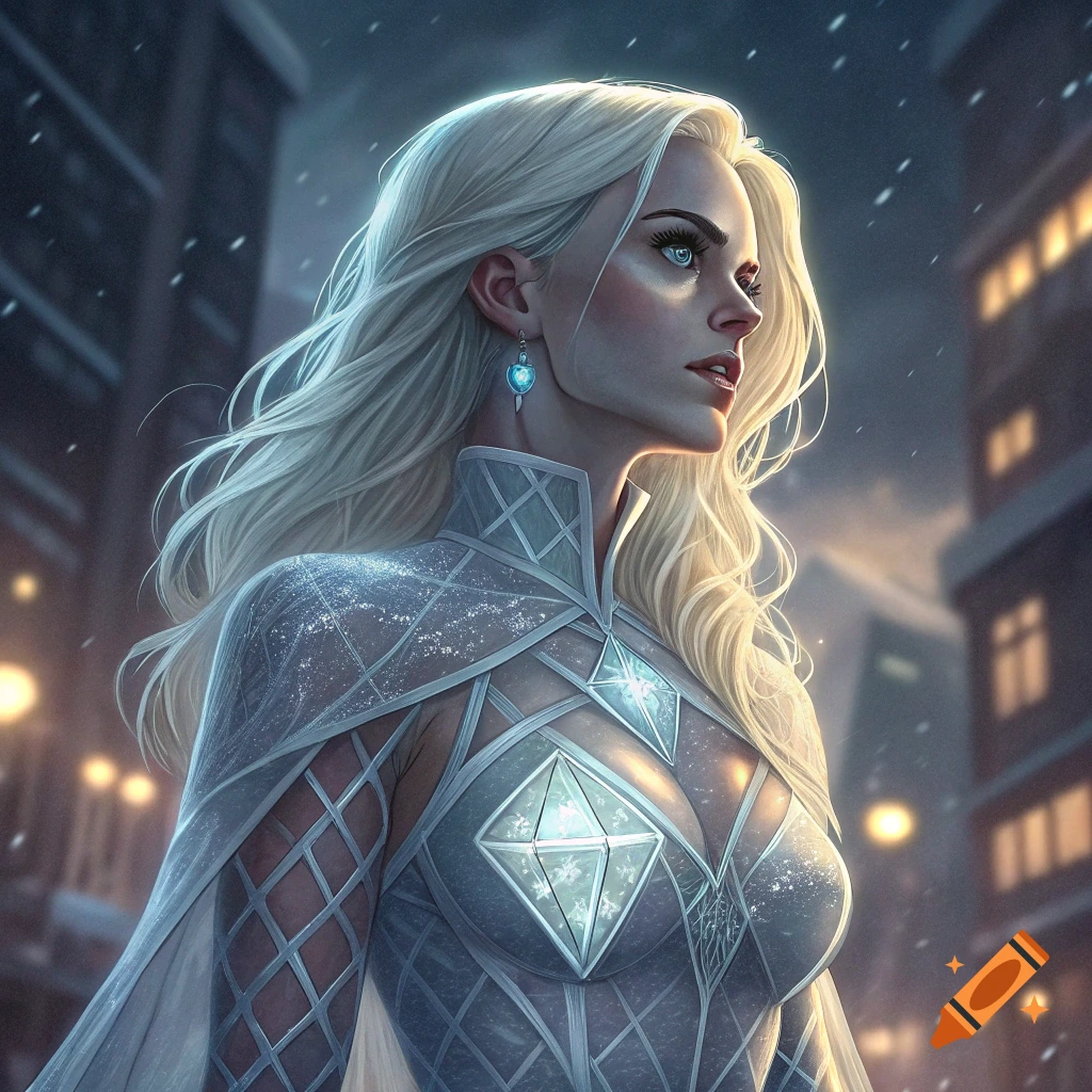 Blonde woman in icy superhero costume in urban setting at night, snowing.