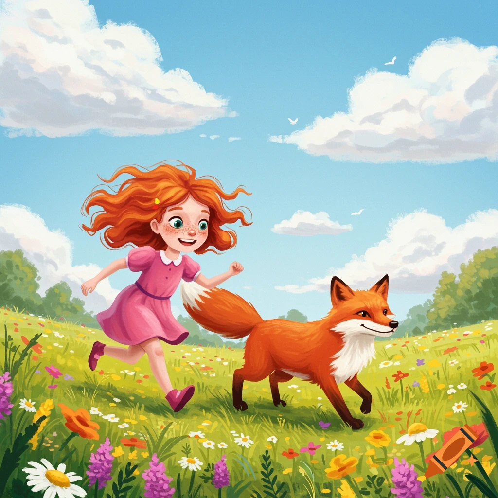 A whimsical illustration of a girl with red hair chasing a fox through a field of wildflowers.