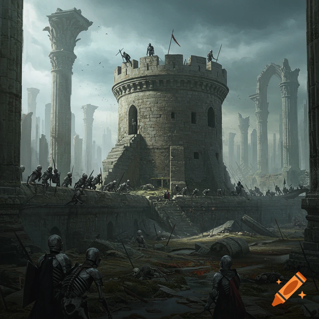 Skeletal knights attacking a stone bastion in a ruined city.