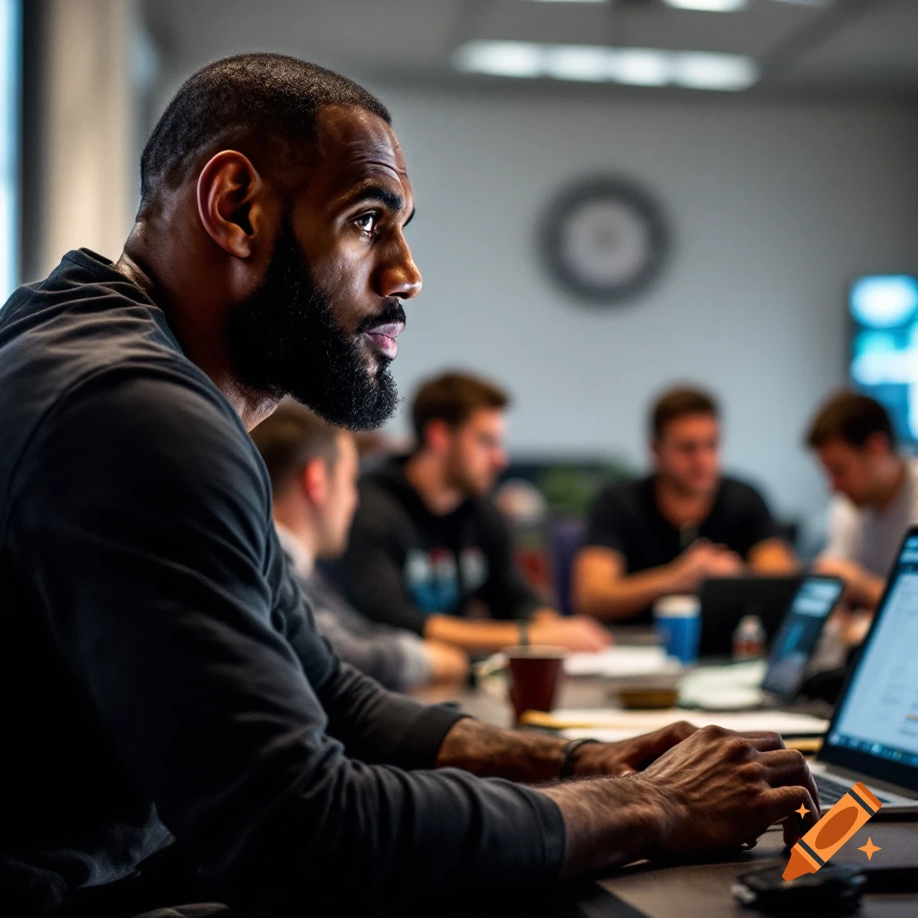 Lebron James sitting at a conference table with others using laptops.
