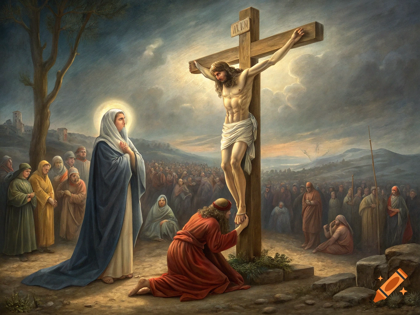 Painting of the crucifixion of Jesus with Mary and a crowd of onlookers.