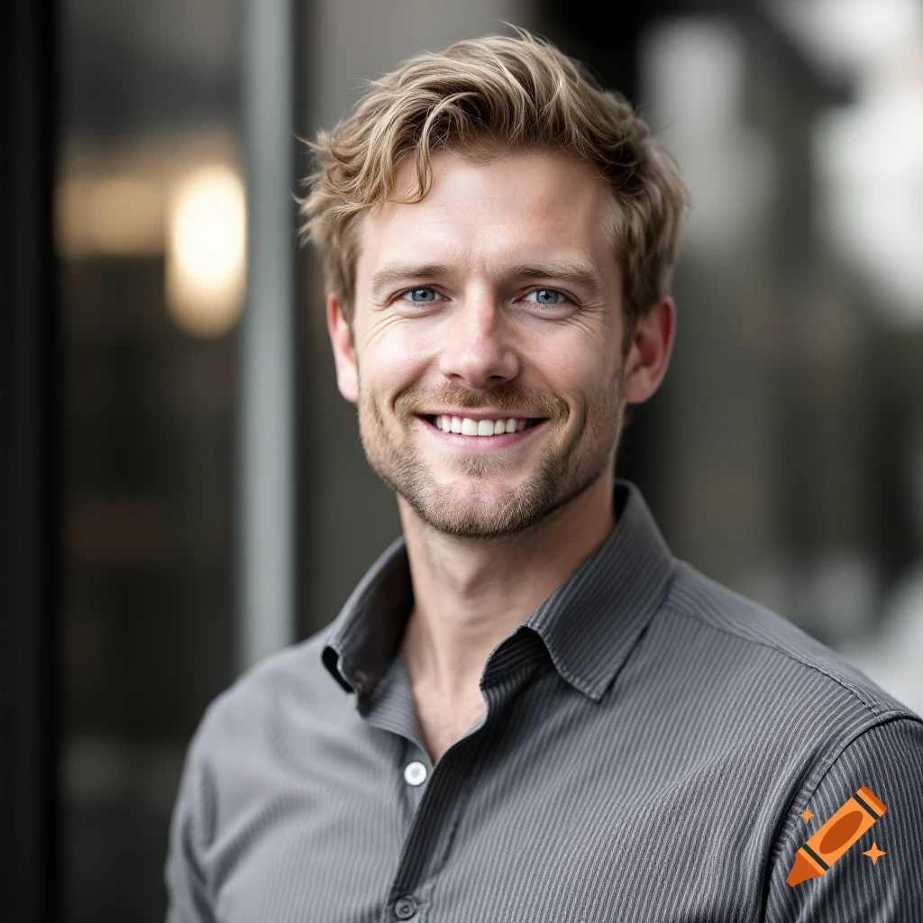 Headshot of a smiling blonde man with blue eyes wearing a grey shirt, blurred background.