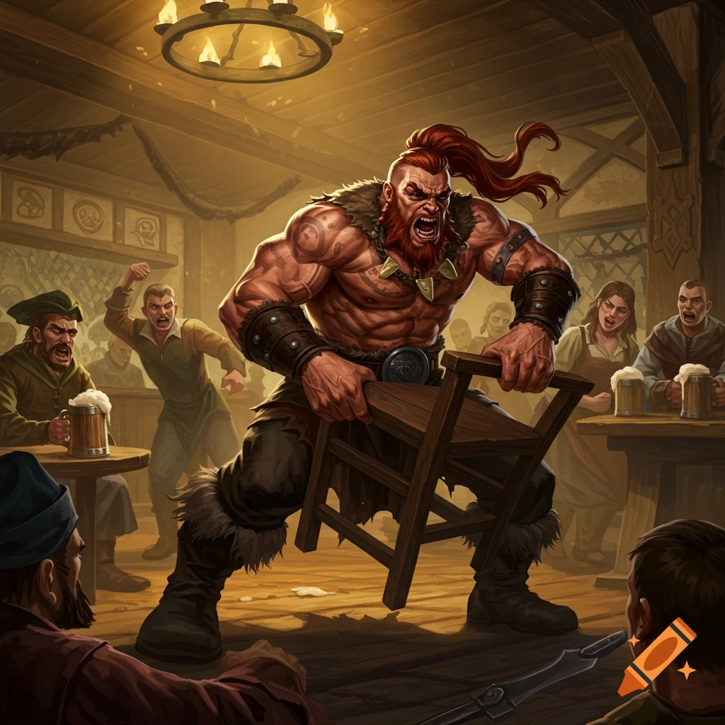 Muscular barbarian lifts a chair in a crowded fantasy pub