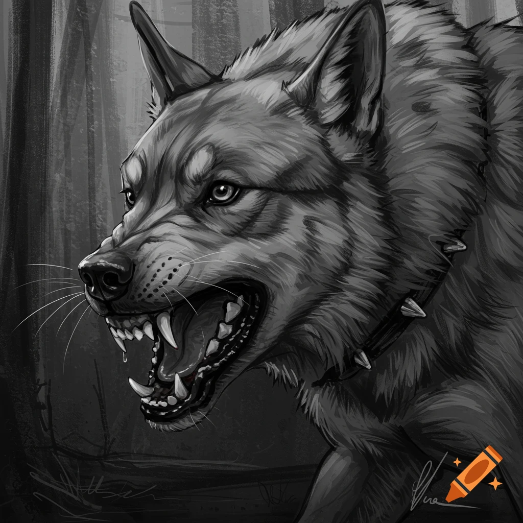 Grayscale aggressive dog or wolf growling in a forest.