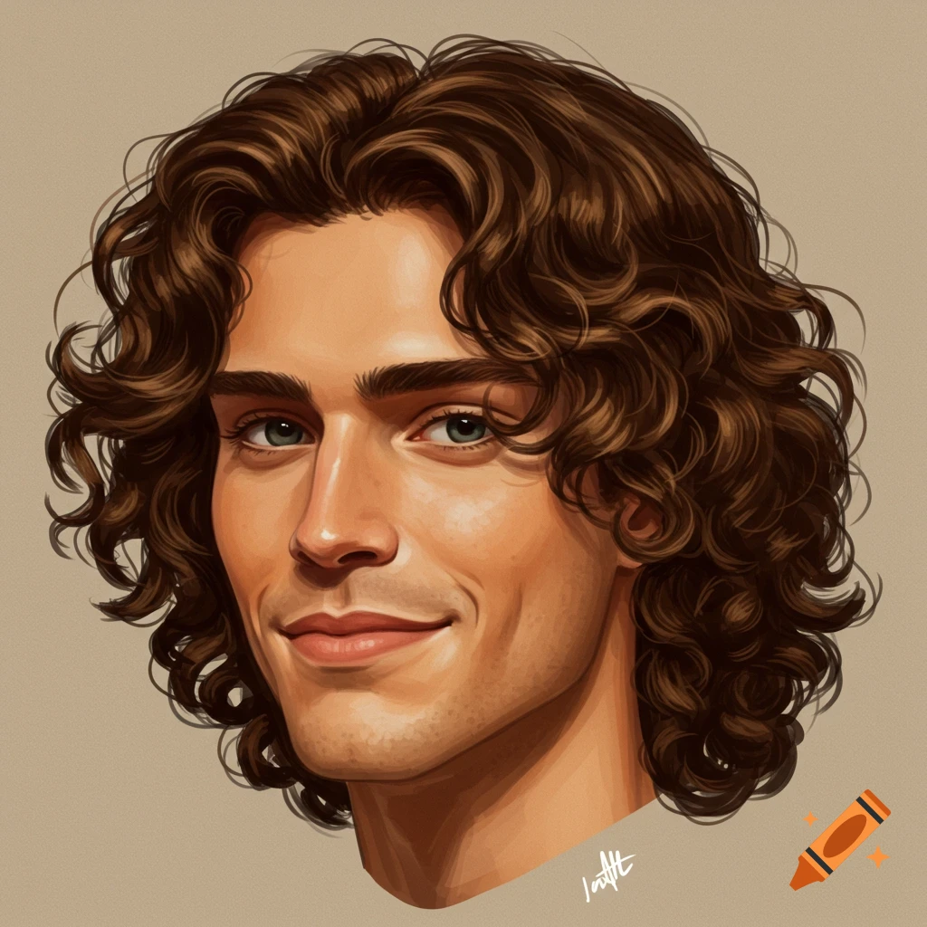Portrait of a young man with curly brown hair and a middle part, smiling.