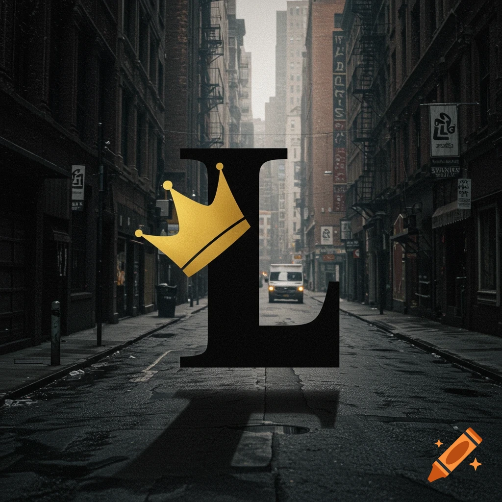A large black letter L wearing a gold crown stands in the middle of a dark, wet city street.