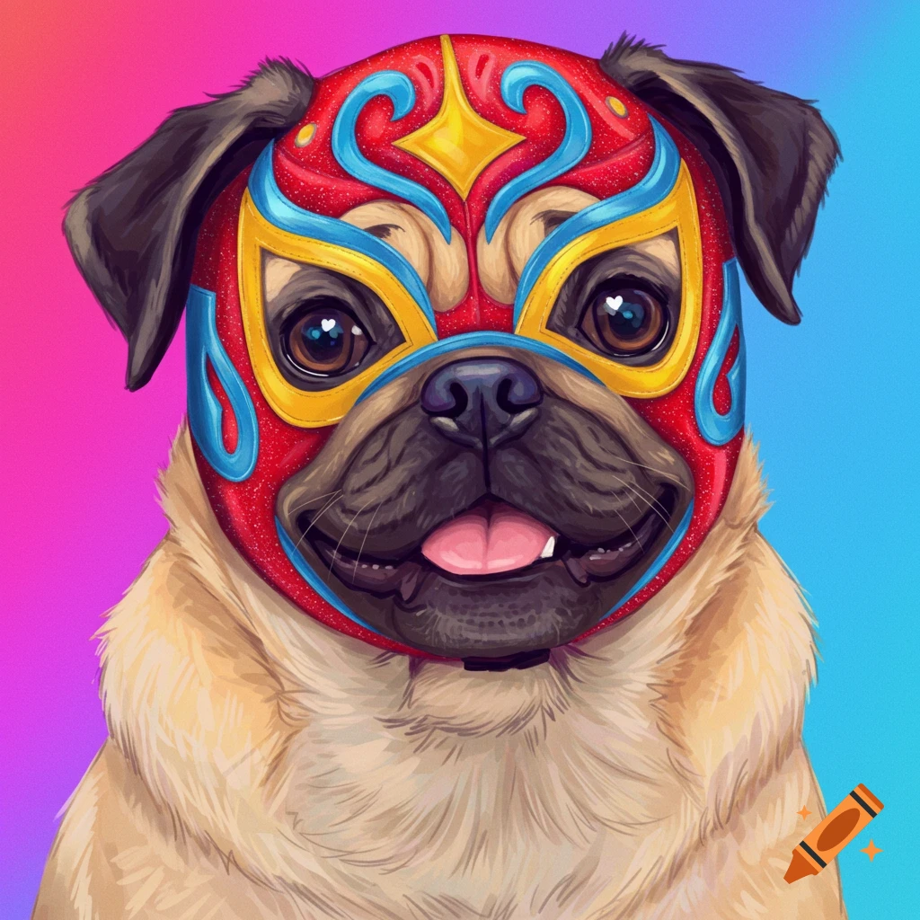 A pug wearing a colorful luchador mask.