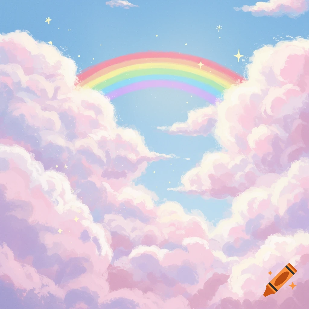Pastel clouds, a rainbow, and stars are in a blue sky.