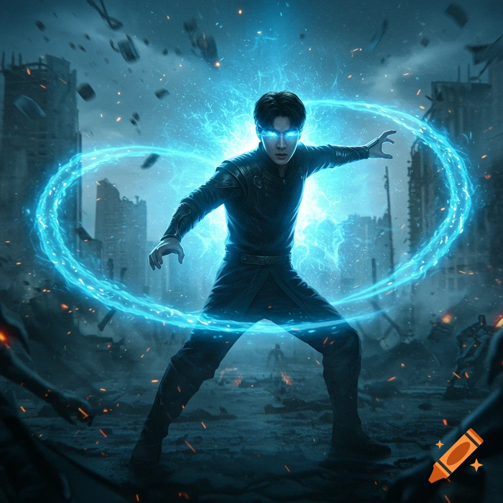 Man with glowing blue energy stands in a ruined city