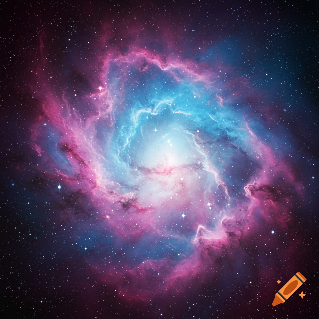A vibrant pink and blue nebula swirls in deep space among countless stars.