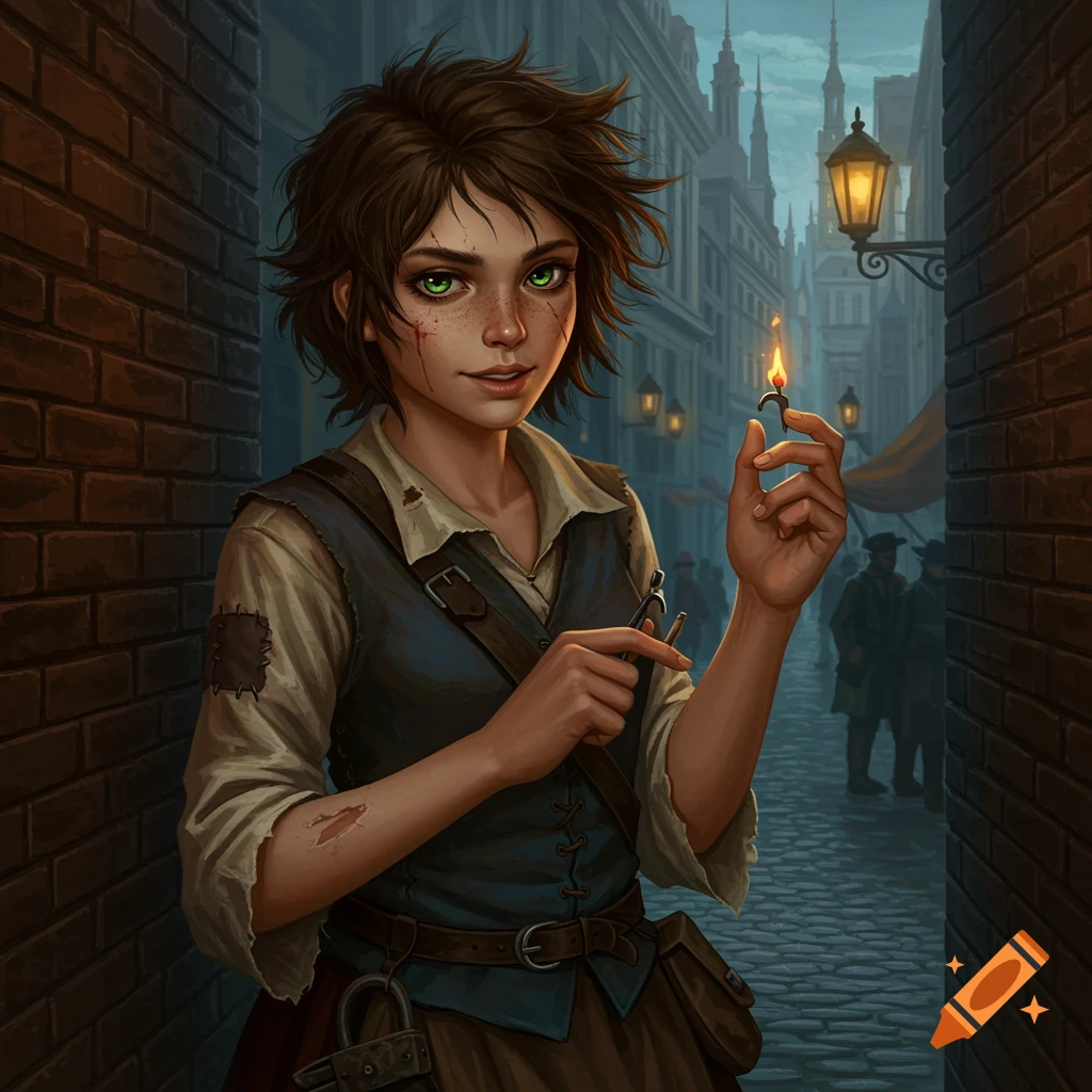 A young girl with striking green eyes is depicted in a dark alley. She is holding a burning object, and a city street is visible in the background.