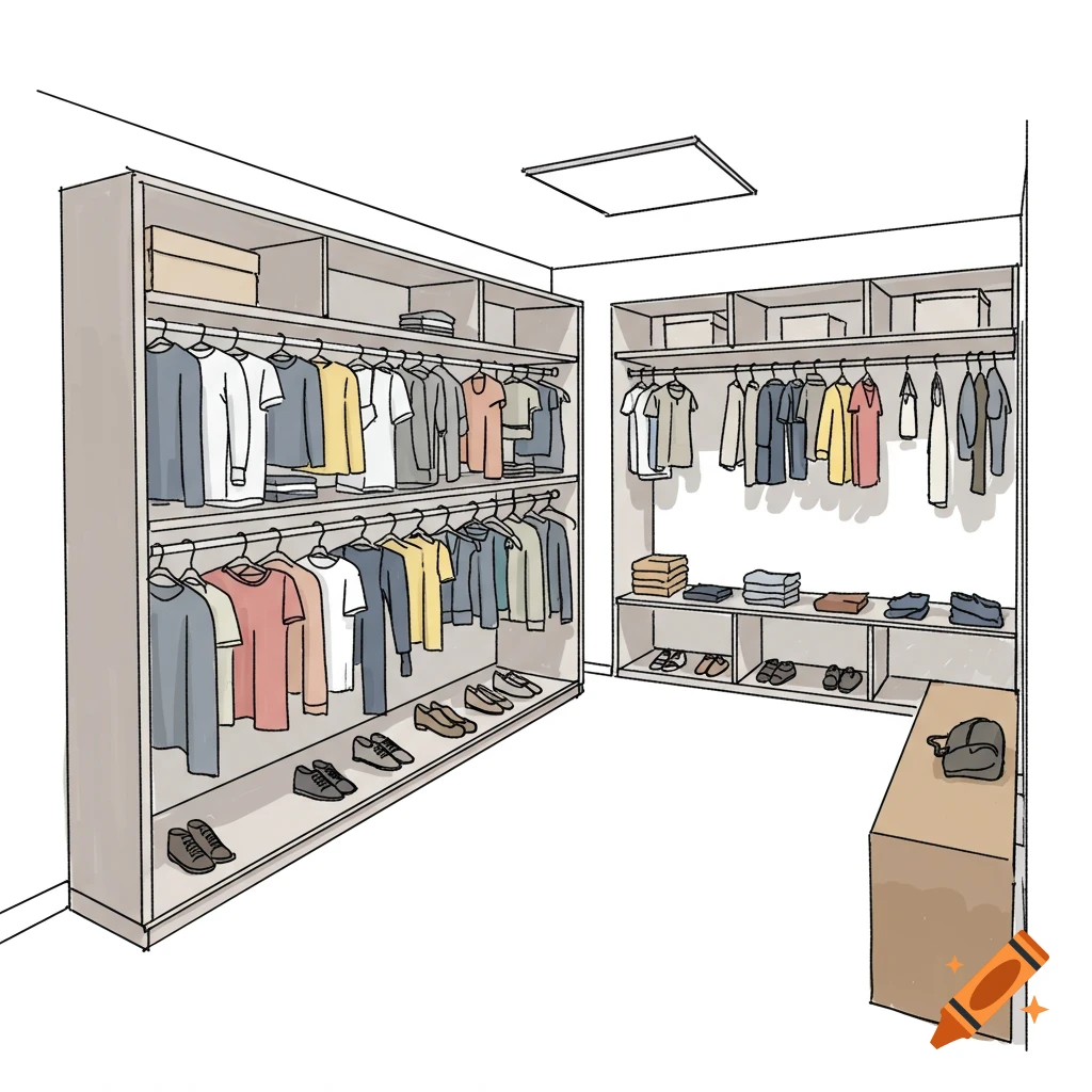 Sketch of a clothing closet with shelves, hanging clothes, and shoes.