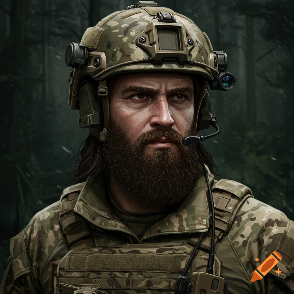 Portrait of a soldier with a beard in camouflage uniform and helmet in a forest.