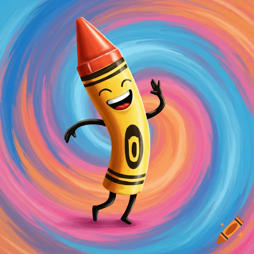 A happy cartoon crayon character dancing against a colorful swirl background.