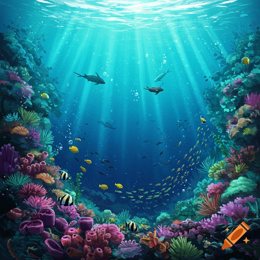 Colorful fish and coral reef in the ocean with light rays from the surface.