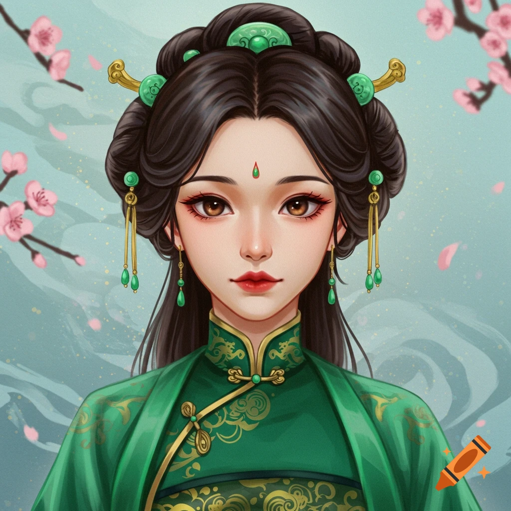 A woman in green traditional Chinese clothing with ornate hair and jewelry, surrounded by cherry blossoms.