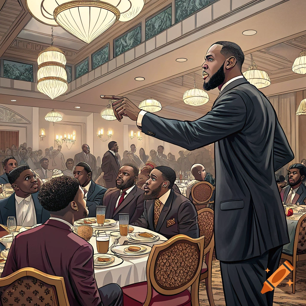 Man speaking and pointing to an audience at a formal feast or banquet.