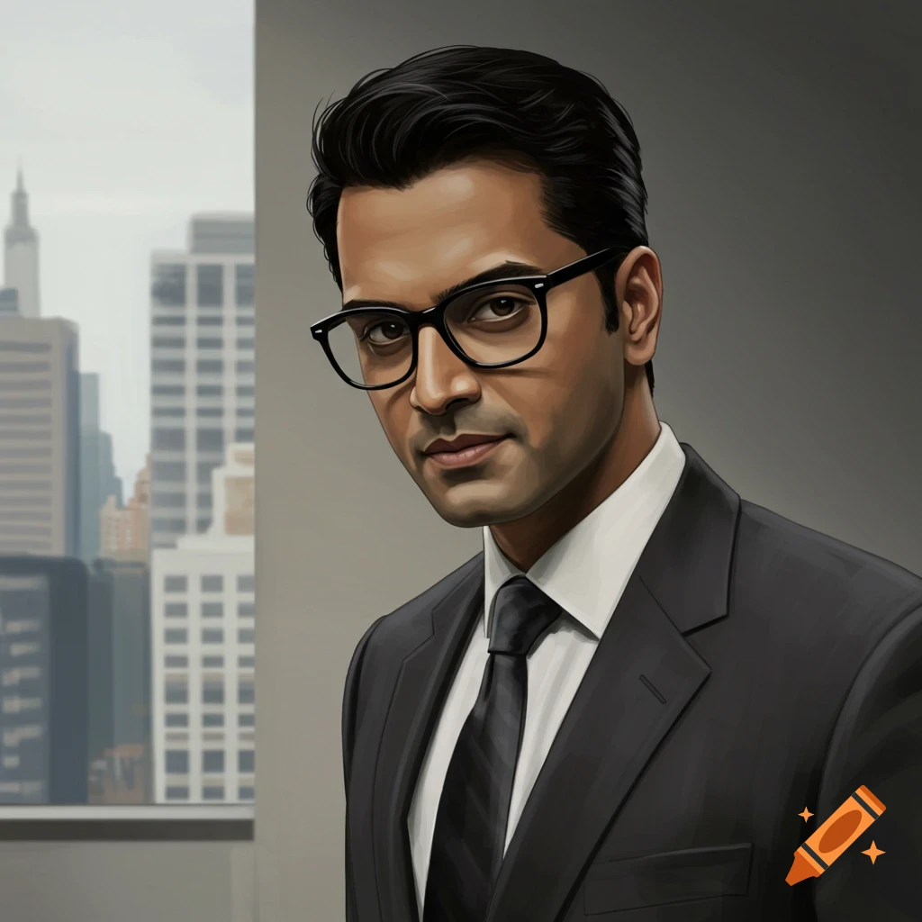 A man in a suit and glasses looks at the camera, with a city skyline behind him.