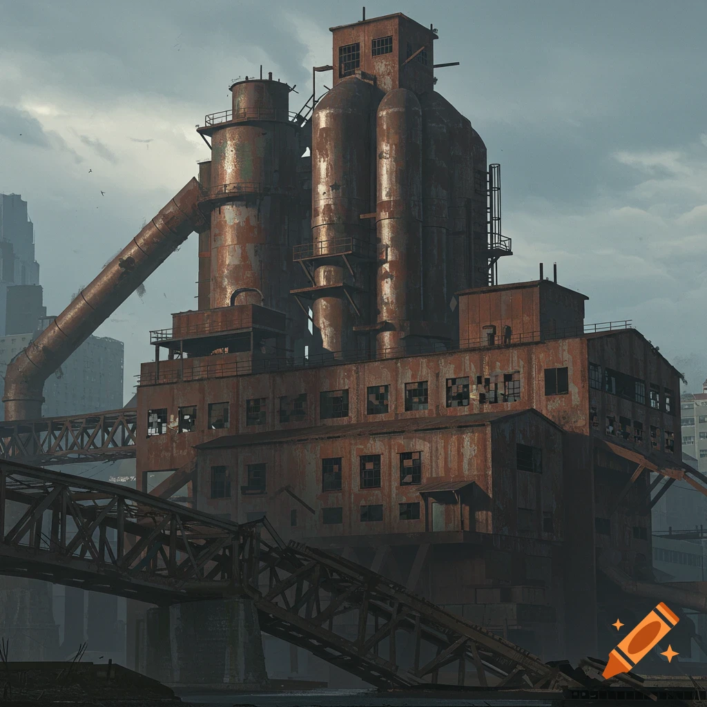 A large, rusted industrial building and broken bridge under a cloudy sky.