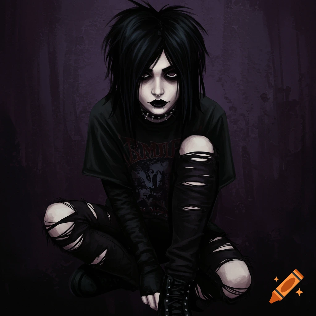 A person with black hair, dark makeup, spiked collar, and ripped black clothes, squatting.