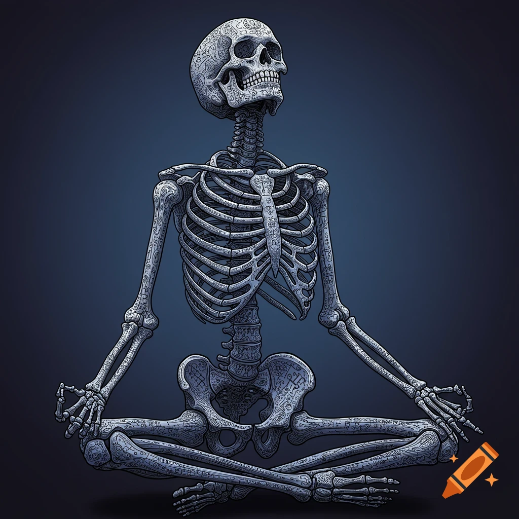 A skeleton meditating in a cross-legged pose, covered in fine line patterns.