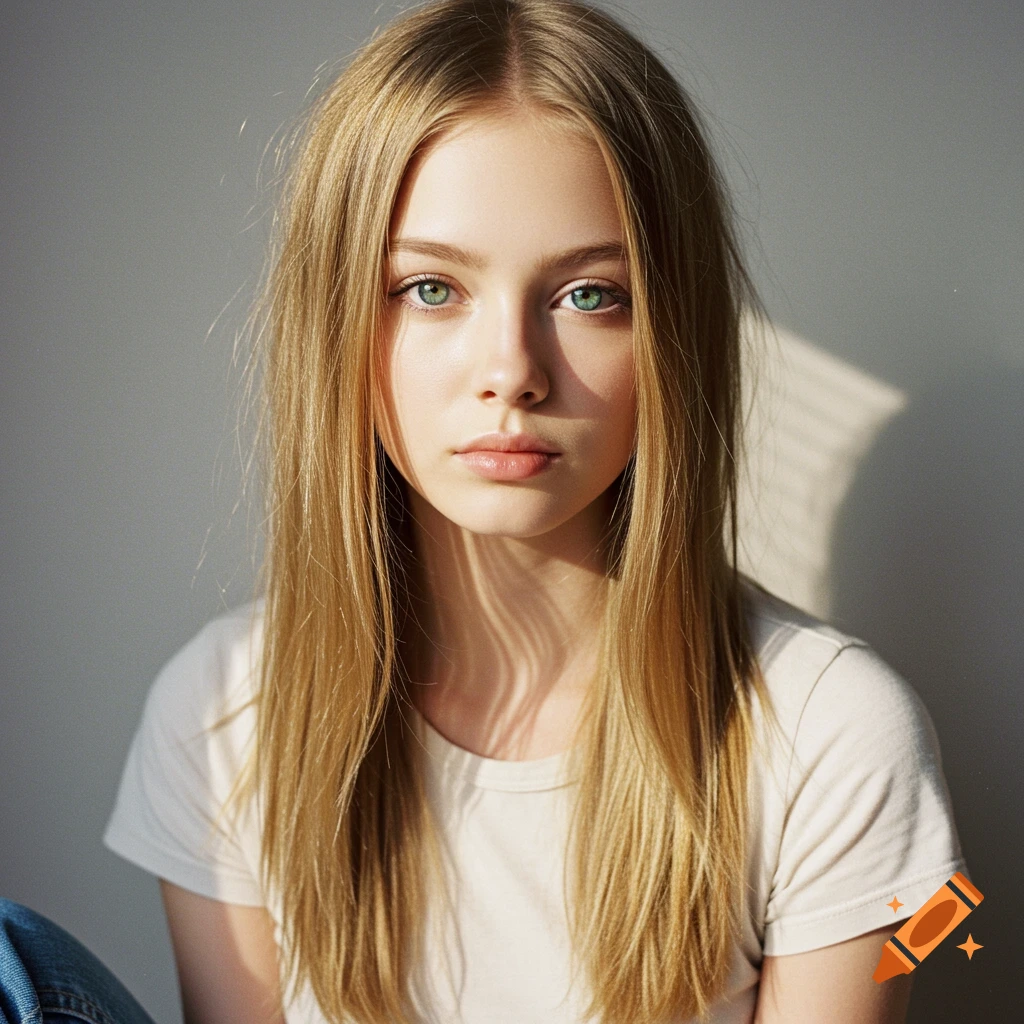Portrait of a young girl with long blonde hair and green eyes, wearing a white t-shirt.