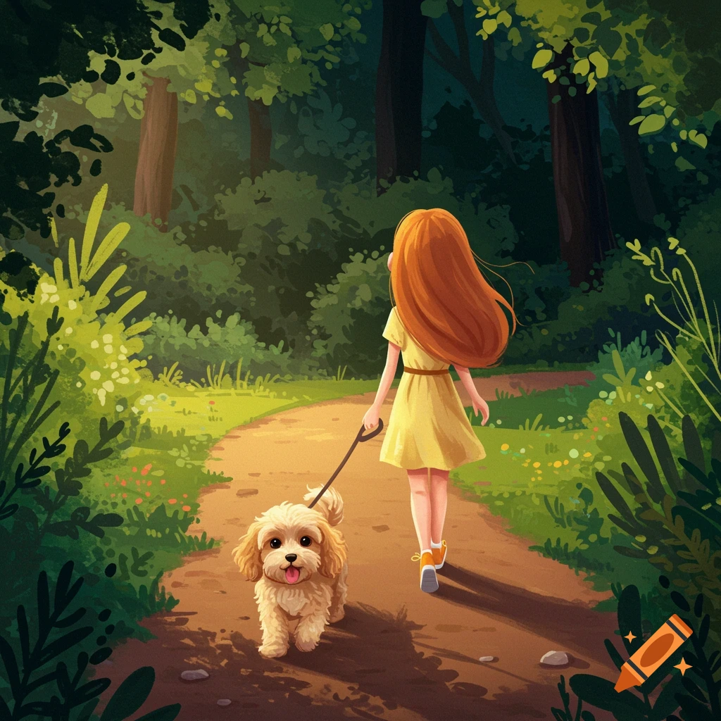 A girl with red hair walking a fluffy dog on a path in a forest.