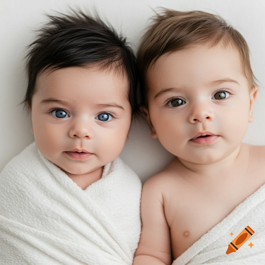 Two babies wrapped in white blankets gaze at the camera in a studio portrait.