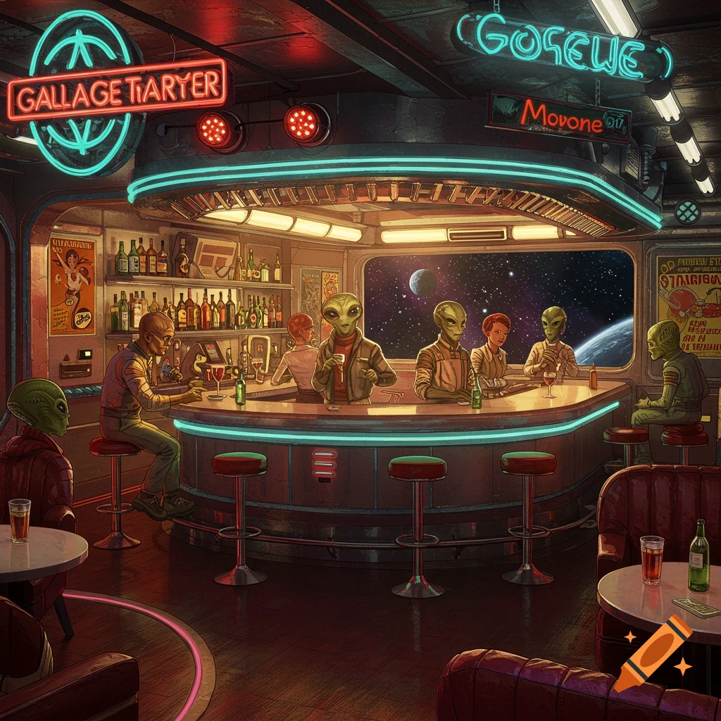 Painting of aliens drinking at a bar inside a spaceship, looking out at space.