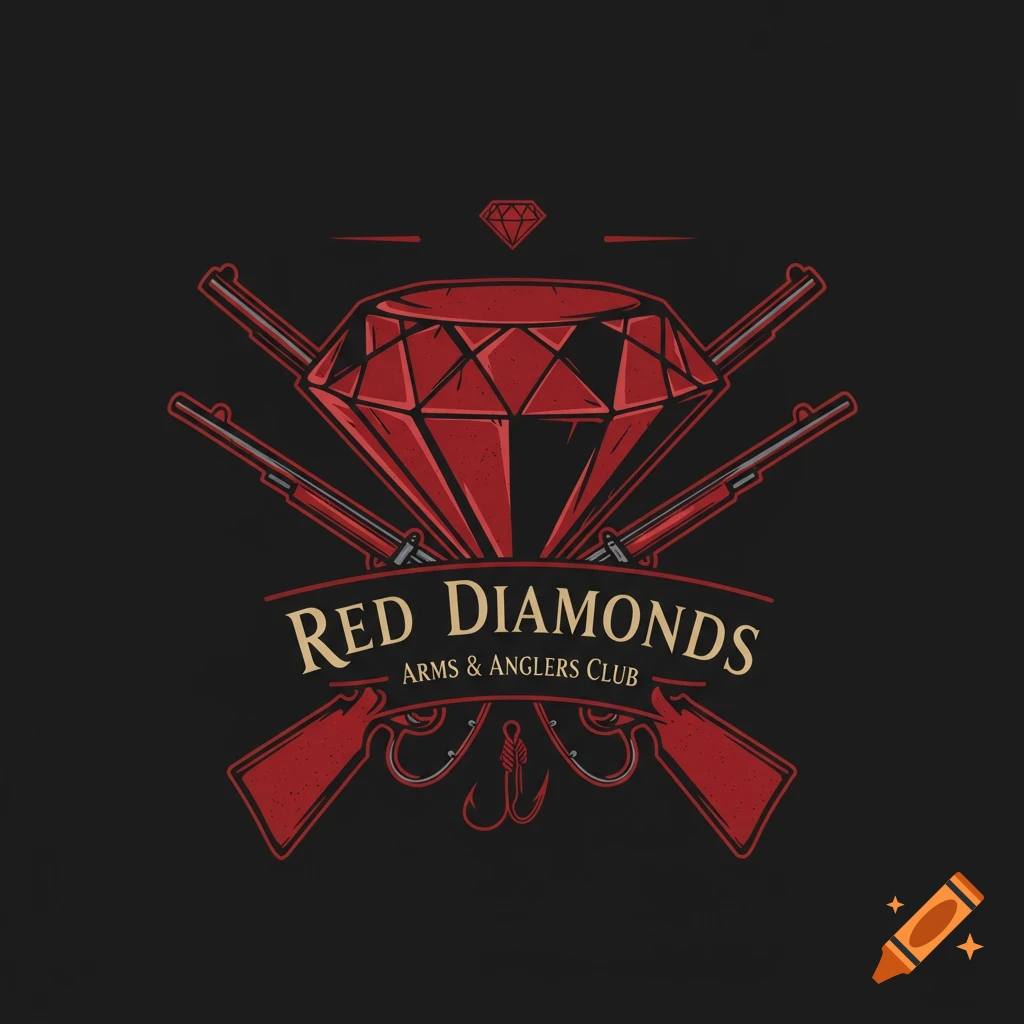 Logo with a red diamond, crossed rifles, fish hook, and the text 'Red Diamonds Arms & Anglers Club'.