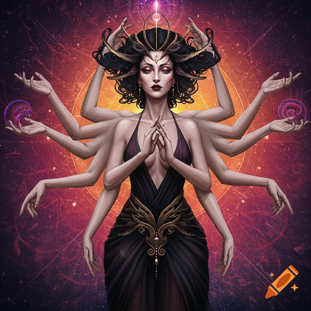 A woman with many arms in a mystical pose against a cosmic background.